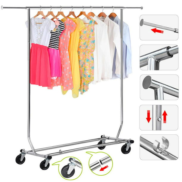 Stainless Steel Portable Rolling Clothes Rack Hanging Garment Heavy Duty Hanger